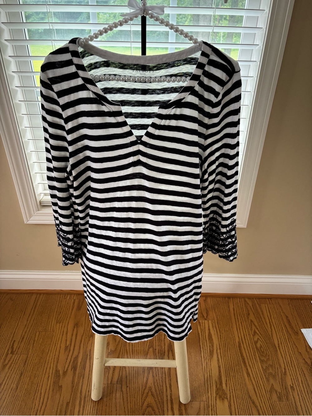 Talbots Petite Dark Navy and White Striped V-Neck Shirt